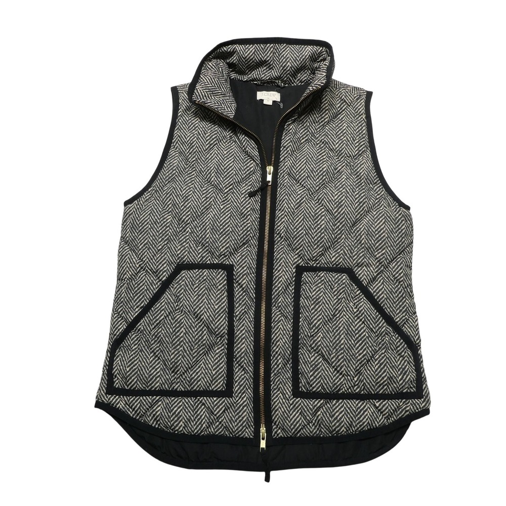 J.Crew‎ Vest Womens XS Gray Herringbone Quilted Down Puffer Full Zip Pockets